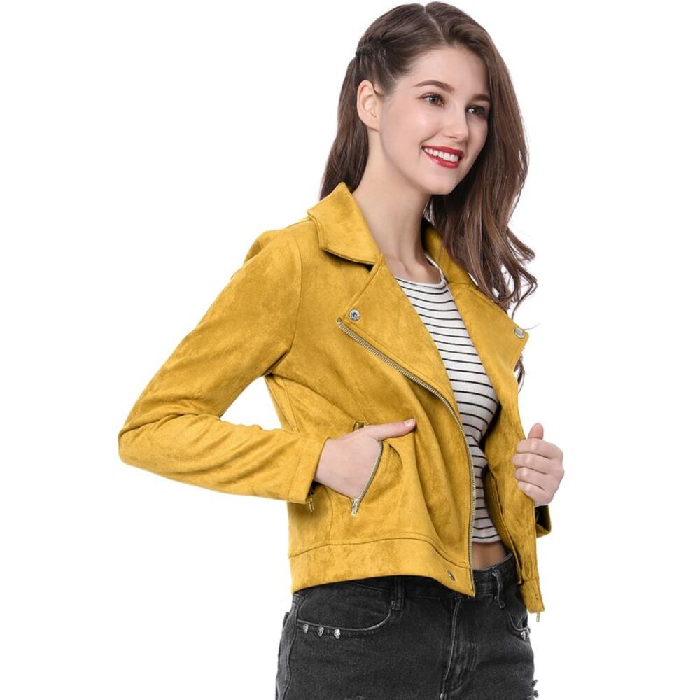 Zip Up Faux Suede Biker Moto Jacket Mustard